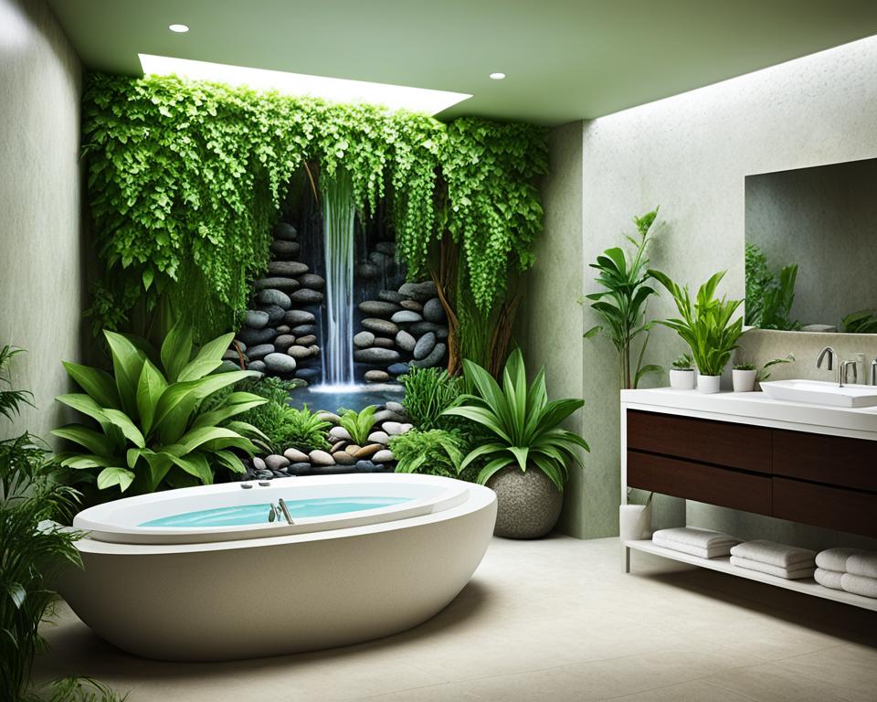 indoor plants in nature-themed bathroom